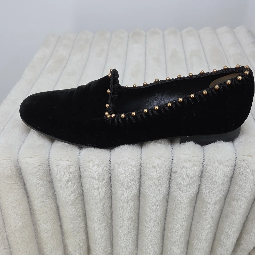 Ramon Tenza Black Velvet Slip-On Loafers with Gold Stud Accents